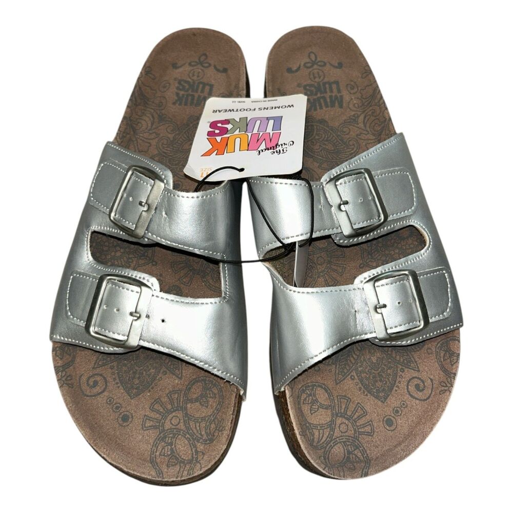 MUK LUKS Women's Silver Double Buckle Footbed Sandals Size 11 Comfort Slides